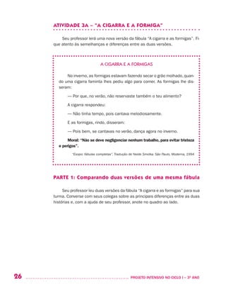26 	 PROJETO INTENSIVO NO CICLO I – 3O
ANO
ATIVIDADE 3A – “A CIGARRA E A FORMIGA”
Seu professor lerá uma nova versão da fábula “A cigarra e as formigas”. Fi-
que atento às semelhanças e diferenças entre as duas versões.
A CIGARRA E A FORMIGAS
No inverno, as formigas estavam fazendo secar o grão molhado, quan-
do uma cigarra faminta lhes pediu algo para comer. As formigas lhe dis-
seram:
— Por que, no verão, não reservaste também o teu alimento?
A cigarra respondeu:
— Não tinha tempo, pois cantava melodiosamente.
E as formigas, rindo, disseram:
— Pois bem, se cantavas no verão, dança agora no inverno.
Moral: “Não se deve negligenciar nenhum trabalho, para evitar tristeza
e perigos”.
“Esopo: fábulas completas”. Tradução de Neide Smolka. São Paulo, Moderna, 1994
PARTE 1: Comparando duas versões de uma mesma fábula
Seu professor leu duas versões da fábula “A cigarra e as formigas” para sua
turma. Converse com seus colegas sobre as principais diferenças entre as duas
histórias e, com a ajuda de seu professor, anote no quadro ao lado.
 