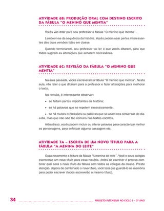 34 	 PROJETO INTENSIVO NO CICLO I – 3O
ANO
ATIVIDADE 6B: PRODUÇÃO ORAL COM DESTINO ESCRITO
DA FÁBULA “O MENINO QUE MENTIA”
Vocês vão ditar para seu professor a fábula “O menino que mentia”.
Lembrem-se da sequência da história. Vocês podem usar partes interessan-
tes das duas versões lidas em classe.
Quando terminarem, seu professor vai ler o que vocês ditaram, para que
todos sugiram as alterações que acharem necessárias.
ATIVIDADE 6C: REVISÃO DA FÁBULA “O MENINO QUE
MENTIA”
Na aula passada, vocês escreveram a fábula “O menino que mentia”. Nesta
aula, vão reler o que ditaram para o professor e fazer alterações para melhorar
o texto.
Na revisão, é interessante observar:
•	 se faltam partes importantes da história;
•	 se há palavras que se repetem excessivamente;
•	 se há muitas expressões ou palavras que se usam nas conversas do dia-
a-dia, mas que não são tão comuns nos textos escritos.
Além disso, vocês podem incluir ou alterar palavras para caracterizar melhor
as personagens, para enfatizar alguma passagem etc.
ATIVIDADE 7A – ESCRITA DE UM NOVO TÍTULO PARA A
FÁBULA “A MENINA DO LEITE”
Ouça novamente a leitura da fábula “A menina do leite”. Você e seus colegas
escreverão um novo título para essa história. Antes de escrever é preciso com-
binar qual será o novo título da fábula com todos os colegas da classe. Preste
atenção, depois de combinado o novo título, você terá que guardá-lo na memória
para poder escrever (todos escreverão o mesmo título).
 
