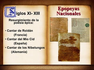 iglos XI- XIII Cantar de Roldán (Francia) Cantar del Mío Cid (España) Cantar de los Nibelungos (Alemania) Resurgimiento de la poesía épica: Epopeyas Nacionales 