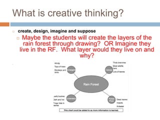 What is creative thinking?
◻ create, design, imagine and suppose
◻ Maybe the students will create the layers of the
rain forest through drawing? OR Imagine they
live in the RF. What layer would they live on and
why?
◻
 