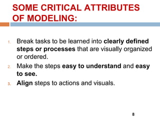 SOME CRITICAL ATTRIBUTES
OF MODELING:
1. Break tasks to be learned into clearly defined
steps or processes that are visually organized
or ordered.
2. Make the steps easy to understand and easy
to see.
3. Align steps to actions and visuals.
8
 