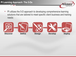 PI Learning Approach: The 5-Ds PI utilizes the 5-D approach to developing comprehensive learning solutions that are tailored to meet specific client business and training needs:  Deploy Discover Define Design Develop 