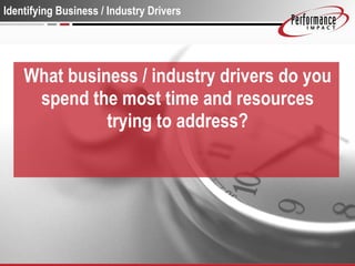 Identifying Business / Industry Drivers What business / industry drivers do you spend the most time and resources trying to address? 