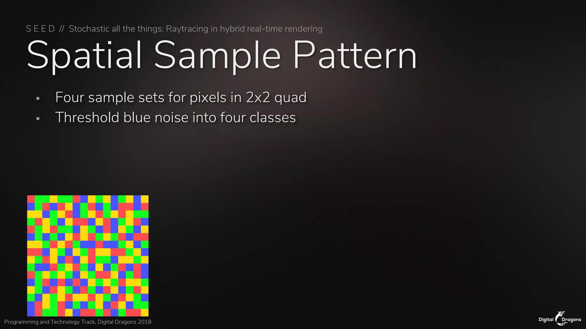 S E E D // Stochastic all the things: Raytracing in hybrid real-time rendering
Programming and Technology Track, Digital Dragons 2018
Spatial Sample Pattern
▪ Four sample sets for pixels in 2x2 quad
▪ Threshold blue noise into four classes
 