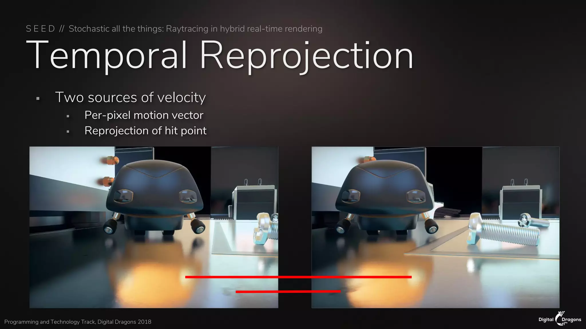 S E E D // Stochastic all the things: Raytracing in hybrid real-time rendering
Programming and Technology Track, Digital Dragons 2018
Temporal Reprojection
▪ Two sources of velocity
▪ Per-pixel motion vector
▪ Reprojection of hit point
 