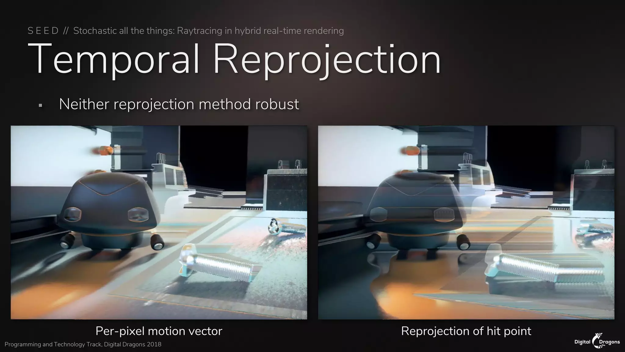 S E E D // Stochastic all the things: Raytracing in hybrid real-time rendering
Programming and Technology Track, Digital Dragons 2018
Temporal Reprojection
▪ Neither reprojection method robust
Per-pixel motion vector Reprojection of hit point
 