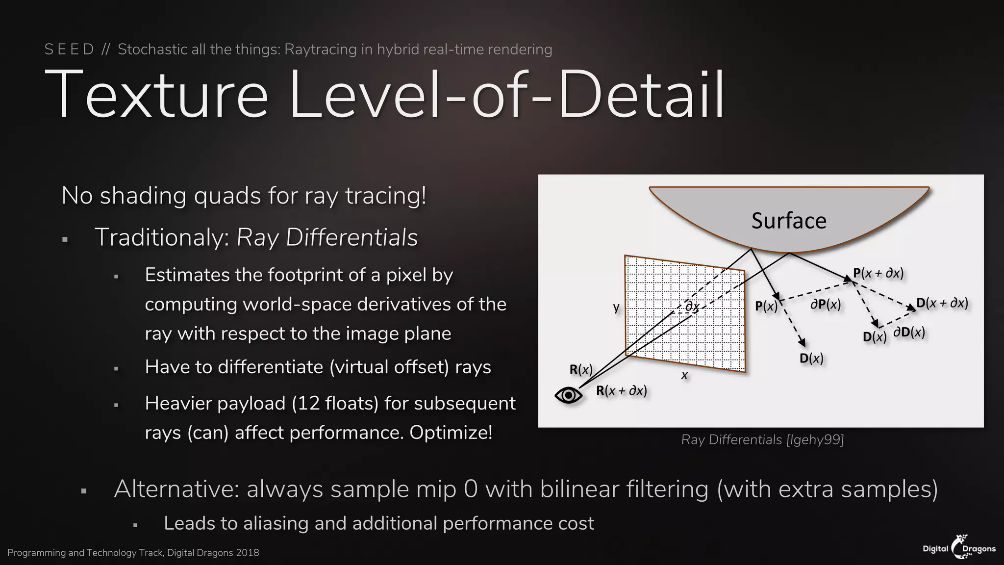 S E E D // Stochastic all the things: Raytracing in hybrid real-time rendering
Programming and Technology Track, Digital Dragons 2018
Texture Level-of-Detail
No shading quads for ray tracing!
▪ Traditionaly: Ray Differentials
▪ Estimates the footprint of a pixel by
computing world-space derivatives of the
ray with respect to the image plane
▪ Have to differentiate (virtual offset) rays
▪ Heavier payload (12 floats) for subsequent
rays (can) affect performance. Optimize!
▪ Alternative: always sample mip 0 with bilinear filtering (with extra samples)
▪ Leads to aliasing and additional performance cost
Ray Differentials [Igehy99]
Surface
P(x + ∂x)
D(x + ∂x)P(x)
∂D(x)
∂P(x)
D(x)
D(x)
x
y
R(x)
R(x + ∂x)
∂x
 