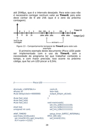 até 2048μs, que é o intervalo desejado. Para este caso não
é necessário carregar nenhum valor ao Timer0, pois este
deve contar de 0 até 256 (que é o zero da próxima
contagem).

Figura 13 – Comportamento temporal do Timer0 para este subexemplo

O primeiro exemplo deste documento (Pisca LED) pode
ser implementado com o uso do Timer0, sem a
necessidade do programa ter que trabalhar contando o
tempo, e com maior precisão. Isso ocorre no próximo
código, que faz um LED piscar a 0,5Hz.

//-------------------------- Pisca LED ---------------------------------#include <16F876A.h>
#fuses XT
#use delay(clock=4000000)
#use fast_io(a)
#use fast_io(b)
#use fast_io(c)
short led;
unsigned int cont;
#INT_TIMER0
void trata_tmr0(void){
set_timer0(131+get_timer0());
if(++cont==125){

cont=0;
led=!led;
output_bit(pin_a0,led);
}
}
void main(void){
set_tris_a(0b11111110);
set_tris_b(0b11111111);
set_tris_c(0b11111111);
setup_timer_0(RTCC_INTERNAL|
RTCC_DIV_64);
set_timer0(131);
28

 