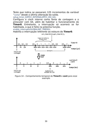 Teste que indica se passaram 125 incrementos da variável
“conta” desde a última alteração da saída.
setup_timer_0(RTCC_INTERNAL|RTCC_DIV_64);

Configura o clock interno como fonte de contagem e o
prescaler com 64, além de habilitar o funcionamento do
Timer0. Entretanto, a interrupção só ocorrerá se for
habilitada, o que é feito na próxima função.
enable_interrupts(GLOBAL|INT_TIMER0);

Habilita a interrupção referente ao estouro do Timer0.

Figura 14 – Comportamento temporal do Timer0 e cont para esse
exemplo

30

 