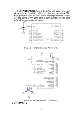 O uC PIC16F628A tem o benefíco de poder usar um
clock interno de 4MHz, além de não precisar do MCRL.
Isso permite que os três pinos correspondentes sejam
usados como GPIO. Esta será a configuração usada para
este uC nos nossos exemplos.

Figura 2 – Hardware básico: PIC16F628A

Figura 3 – Hardware básico: PIC16F876A

SOFTWARE
5

 
