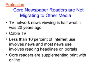 Protection
Core Newspaper Readers are Not
Migrating to Other Media
• TV network news viewing is half what it
was 20 years ...