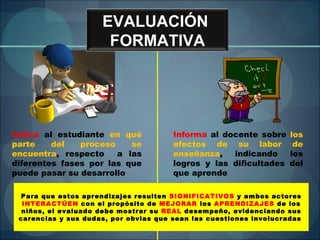 Indica  al estudiante  en qué parte del proceso se encuentra , respecto  a las diferentes fases por las que puede pasar su desarrollo Informa  al docente sobre  los efectos de su labor de enseñanza , indicando los logros y las dificultades del que aprende Para que estos aprendizajes resulten  SIGNIFICATIVOS  y ambos actores  INTERACTÚEN  con el propósito de  MEJORAR  los  APRENDIZAJES  de los niños, el evaluado debe mostrar su  REAL  desempeño, evidenciando sus carencias y sus dudas, por obvias que sean las cuestiones involucradas  EVALUACIÓN  FORMATIVA 