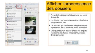 41
Afficher l’arborescence
des dossiers
• Présente les dossiers photo comme sur votre
disque dur
• Les dossiers qui ne contiennent pas de photos
n’apparaissent pas
• Les dossiers qui contiennent des photos sont
représentés par la première photo du dossier
• En cliquant sur un dossier photo, des onglets
représentants chaque image sont visibles à
droite de l’écran
 