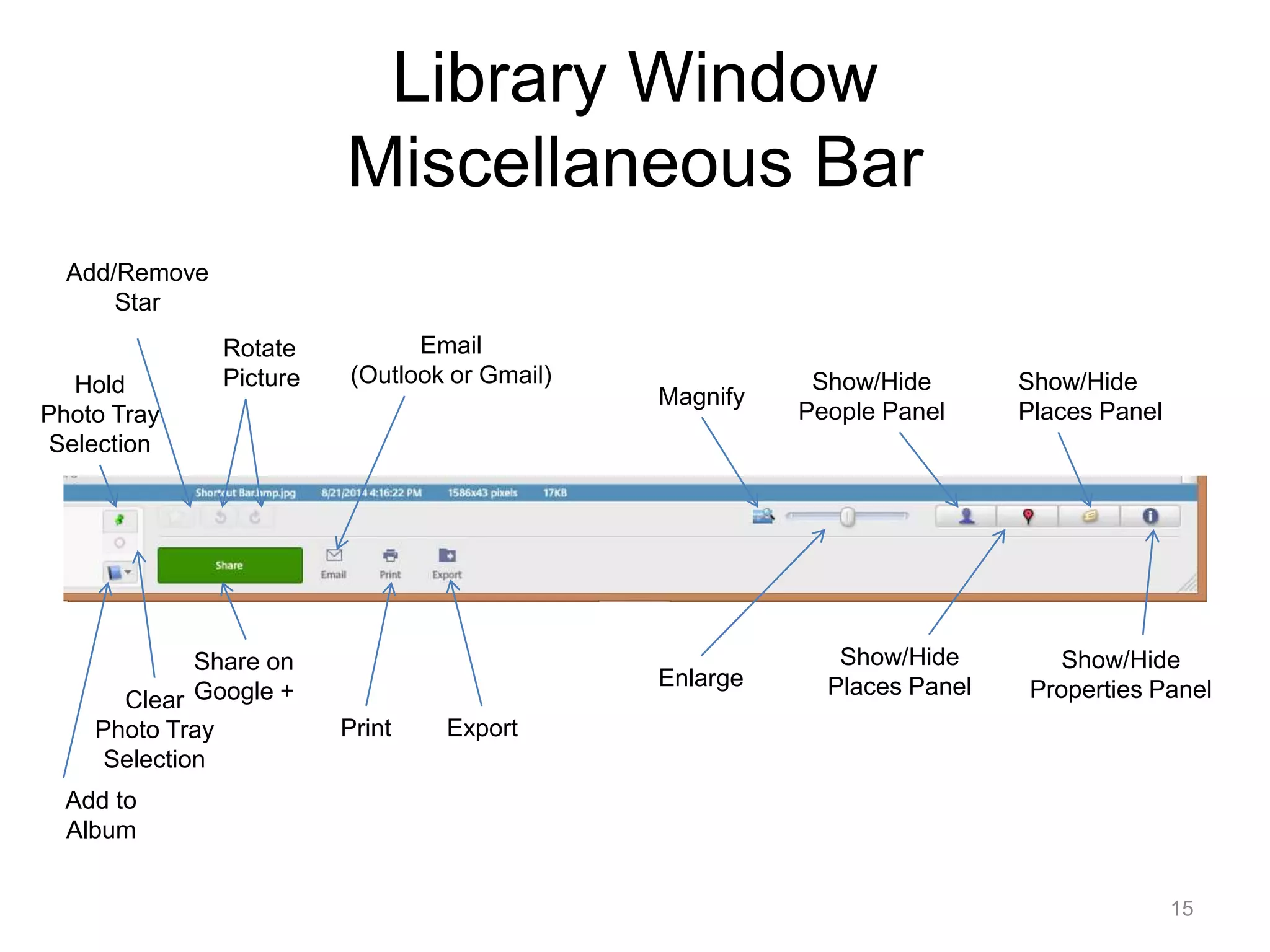 Library Window 
Miscellaneous Bar 
Show/Hide 
People Panel 
Show/Hide 
Places Panel 
Show/Hide 
Places Panel 
Show/Hide 
Properties Panel 
Email 
(Outlook or Gmail) 
Print Export 
Add/Remove 
Share on 
Google + 
Star 
Rotate 
Hold Picture 
Photo Tray 
Selection 
Clear 
Photo Tray 
Selection 
Add to 
Album 
Magnify 
Enlarge 
15 
 