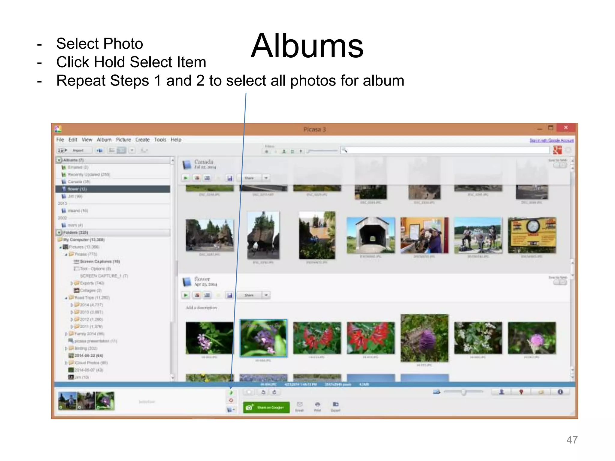 Albums 
47 
- Select Photo 
- Click Hold Select Item 
- Repeat Steps 1 and 2 to select all photos for album 
 