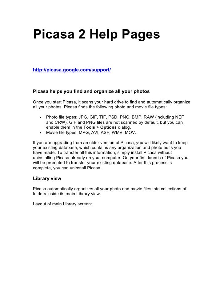 picasa 2 help pages