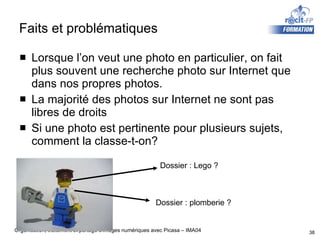 Faits et problématiques Lorsque l’on veut une photo en particulier, on fait plus souvent une recherche photo sur Internet que dans nos propres photos.  La majorité des photos sur Internet ne sont pas libres de droits Si une photo est pertinente pour plusieurs sujets, comment la classe-t-on? Dossier : Lego ? Dossier : plomberie ? 