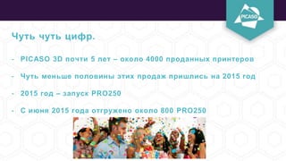 Чуть чуть цифр.
- PICASO 3D почти 5 лет – около 4000 проданных принтеров
- Чуть меньше половины этих продаж пришлись на 2015 год
- 2015 год – запуск PRO250
- С июня 2015 года отгружено около 800 PRO250
 