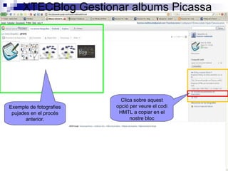 XTECBlog Gestionar albums Picassa Exemple de fotografies pujades en el procés anterior. Clica sobre aquest opció per veure el codi HMTL a copiar en el nostre bloc 