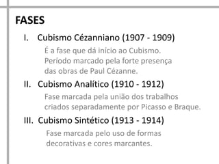 FASES
I. Cubismo Cézanniano (1907 - 1909)
É a fase que dá início ao Cubismo.
Período marcado pela forte presença
das obras de Paul Cézanne.
II. Cubismo Analítico (1910 - 1912)
Fase marcada pela união dos trabalhos
criados separadamente por Picasso e Braque.
III. Cubismo Sintético (1913 - 1914)
Fase marcada pelo uso de formas
decorativas e cores marcantes.
 
