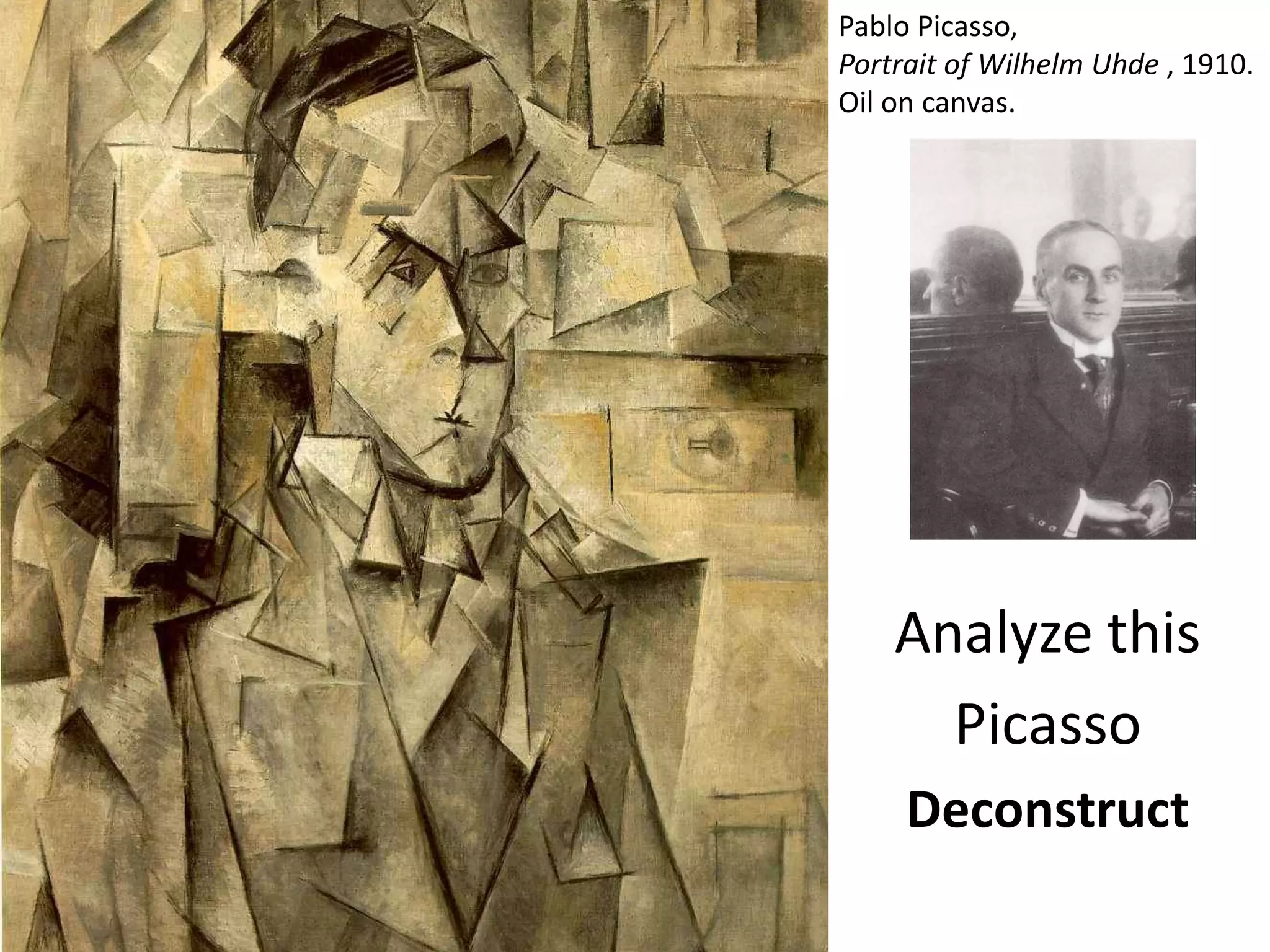 Pablo Picasso,
Portrait of Wilhelm Uhde , 1910.
Oil on canvas.




    Analyze this
      Picasso
     Deconstruct
 