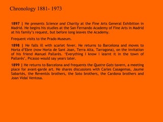 1897 |  He presents  Science and Charity  at the Fine Arts General Exhibition in Madrid. He begins his studies at the San Fernando Academy of Fine Arts in Madrid at his family’s request, but before long leaves the Academy. Frequent visits to the Prado Museum. 1898 |  He falls ill with scarlet fever. He returns to Barcelona and moves to Horta d’Ebre (now Horta de Sant Joan, Terra Alta, Tarragona), on the invitation of his friend Manuel Pallarès. ‘Everything I know I learnt it in the town of Pallarès’, Picasso would say years later. 1899 |  He returns to Barcelona and frequents the  Quatre Gats  tavern, a meeting place for avant-garde art. He shares discussions with Carles Casagemas, Jaume Sabartés, the Reventós brothers, the Soto brothers, the Cardona brothers and Joan Vidal Ventosa.  Chronology 1881- 1973 