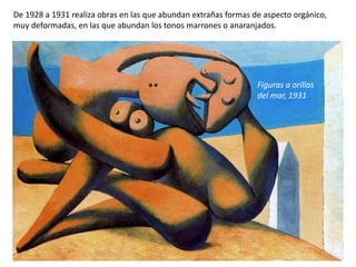 Figuras a orillas
del mar, 1931
De 1928 a 1931 realiza obras en las que abundan extrañas formas de aspecto orgánico,
muy deformadas, en las que abundan los tonos marrones o anaranjados.
 