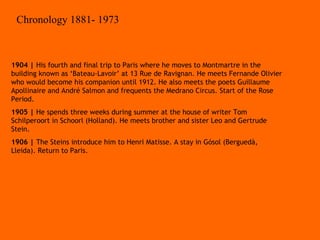 1904 | His fourth and final trip to Paris where he moves to Montmartre in the building known as ‘Bateau-Lavoir’ at 13 Rue de Ravignan. He meets Fernande Olivier who would become his companion until 1912. He also meets the poets Guillaume Apollinaire and André Salmon and frequents the Medrano Circus. Start of the Rose Period. 1905 | He spends three weeks during summer at the house of writer Tom Schilperoort in Schoorl (Holland). He meets brother and sister Leo and Gertrude Stein. 1906 | The Steins introduce him to Henri Matisse. A stay in Gósol (Berguedà, Lleida). Return to Paris. Chronology 1881- 1973