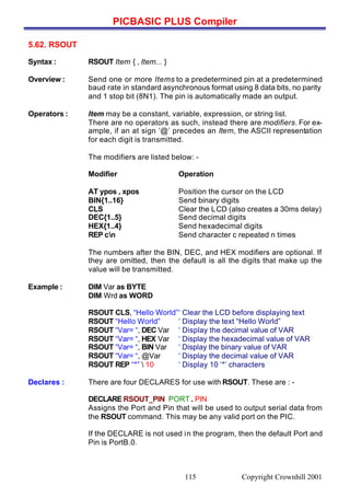 PICBASIC PLUS Compiler
Copyright Crownhill 2001115
5.62. RSOUT
Syntax : RSOUT Item { , Item... }
Overview : Send one or more Items to a predetermined pin at a predetermined
baud rate in standard asynchronous format using 8 data bits, no parity
and 1 stop bit (8N1). The pin is automatically made an output.
Operators : Item may be a constant, variable, expression, or string list.
There are no operators as such, instead there are modifiers. For ex-
ample, if an at sign ‘@’ precedes an Item, the ASCII representation
for each digit is transmitted.
The modifiers are listed below: -
Modifier Operation
AT ypos , xpos Position the cursor on the LCD
BIN{1..16} Send binary digits
CLS Clear the LCD (also creates a 30ms delay)
DEC{1..5} Send decimal digits
HEX{1..4} Send hexadecimal digits
REP cn Send character c repeated n times
The numbers after the BIN, DEC, and HEX modifiers are optional. If
they are omitted, then the default is all the digits that make up the
value will be transmitted.
Example : DIM Var as BYTE
DIM Wrd as WORD
RSOUT CLS, “Hello World”‘ Clear the LCD before displaying text
RSOUT “Hello World” ‘ Display the text “Hello World”
RSOUT “Var= “, DEC Var ‘ Display the decimal value of VAR
RSOUT “Var= “, HEX Var ‘ Display the hexadecimal value of VAR
RSOUT “Var= “, BIN Var ‘ Display the binary value of VAR
RSOUT “Var= “, @Var ‘ Display the decimal value of VAR
RSOUT REP “*”  10 ‘ Display 10 ‘*’ characters
Declares : There are four DECLARES for use with RSOUT. These are : -
DECLARE RSOUT_PIN PORT . PIN
Assigns the Port and Pin that will be used to output serial data from
the RSOUT command. This may be any valid port on the PIC.
If the DECLARE is not used in the program, then the default Port and
Pin is PortB.0.
 