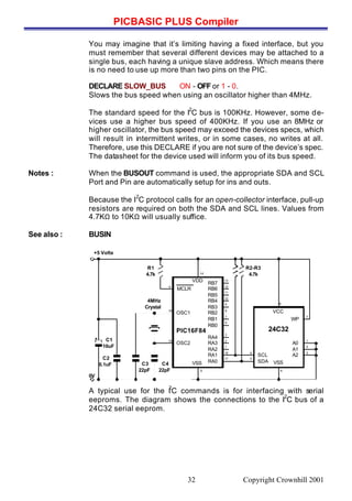 PICBASIC PLUS Compiler
Copyright Crownhill 200132
You may imagine that it’s limiting having a fixed interface, but you
must remember that several different devices may be attached to a
single bus, each having a unique slave address. Which means there
is no need to use up more than two pins on the PIC.
DECLARE SLOW_BUS ON - OFF or 1 - 0.
Slows the bus speed when using an oscillator higher than 4MHz.
The standard speed for the I
2
C bus is 100KHz. However, some de-
vices use a higher bus speed of 400KHz. If you use an 8MHz or
higher oscillator, the bus speed may exceed the devices specs, which
will result in intermittent writes, or in some cases, no writes at all.
Therefore, use this DECLARE if you are not sure of the device’s spec.
The datasheet for the device used will inform you of its bus speed.
Notes : When the BUSOUT command is used, the appropriate SDA and SCL
Port and Pin are automatically setup for ins and outs.
Because the I
2
C protocol calls for an open-collector interface, pull-up
resistors are required on both the SDA and SCL lines. Values from
4.7KΩ to 10KΩ will usually suffice.
See also : BUSIN
A typical use for the I
2
C commands is for interfacing with serial
eeproms. The diagram shows the connections to the I
2
C bus of a
24C32 serial eeprom.
RB7
VDD
RB6
RB5
RB4
RB3
RB2
RB1
RB0
13
RA4
RA3
RA2
RA1
RA0
MCLR
OSC1
OSC2
VSS
14
PIC16F84
C4
22pF
C1
10uF
C2
0.1uF
R1
4.7k
+5 Volts
C3
22pF
4MHz
Crystal
12
11
10
9
8
7
6
3
2
1
18
17
5
4
16
15
0V
VCC
WP
SCL
A1
A2
VSS
24C32
7
8
A0
SDA
1
2
3
4
6
5
R2-R3
4.7k
 