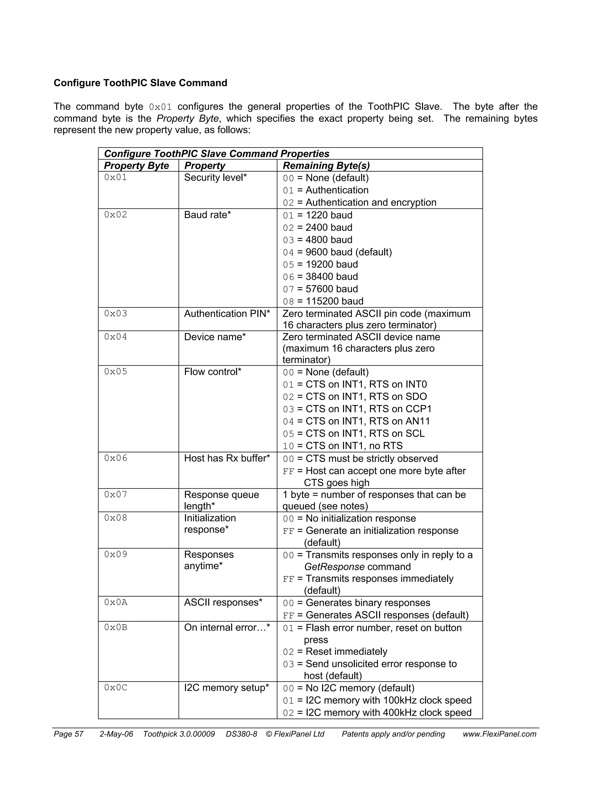 Configure ToothPIC Slave Command 
The command byte 0x01 configures the general properties of the ToothPIC Slave. The byte after the 
command byte is the Property Byte, which specifies the exact property being set. The remaining bytes 
represent the new property value, as follows: 
Configure ToothPIC Slave Command Properties 
Property Byte Property Remaining Byte(s) 
0x01 Security level* 00 = None (default) 
01 = Authentication 
02 = Authentication and encryption 
0x02 Baud rate* 01 = 1220 baud 
02 = 2400 baud 
03 = 4800 baud 
04 = 9600 baud (default) 
05 = 19200 baud 
06 = 38400 baud 
07 = 57600 baud 
08 = 115200 baud 
0x03 Authentication PIN* Zero terminated ASCII pin code (maximum 
16 characters plus zero terminator) 
0x04 Device name* Zero terminated ASCII device name 
(maximum 16 characters plus zero 
terminator) 
0x05 Flow control* 00 = None (default) 
01 = CTS on INT1, RTS on INT0 
02 = CTS on INT1, RTS on SDO 
03 = CTS on INT1, RTS on CCP1 
04 = CTS on INT1, RTS on AN11 
05 = CTS on INT1, RTS on SCL 
10 = CTS on INT1, no RTS 
0x06 Host has Rx buffer* 00 = CTS must be strictly observed 
FF = Host can accept one more byte after 
CTS goes high 
0x07 Response queue 
length* 
1 byte = number of responses that can be 
queued (see notes) 
0x08 Initialization 
response* 
00 = No initialization response 
FF = Generate an initialization response 
(default) 
0x09 Responses 
anytime* 
00 = Transmits responses only in reply to a 
GetResponse command 
FF = Transmits responses immediately 
(default) 
0x0A ASCII responses* 00 = Generates binary responses 
FF = Generates ASCII responses (default) 
0x0B On internal error…* 01 = Flash error number, reset on button 
press 
02 = Reset immediately 
03 = Send unsolicited error response to 
host (default) 
0x0C I2C memory setup* 00 = No I2C memory (default) 
01 = I2C memory with 100kHz clock speed 
02 = I2C memory with 400kHz clock speed 
Page 57 2-May-06 Toothpick 3.0.00009 DS380-8 © FlexiPanel Ltd Patents apply and/or pending www.FlexiPanel.com 
 