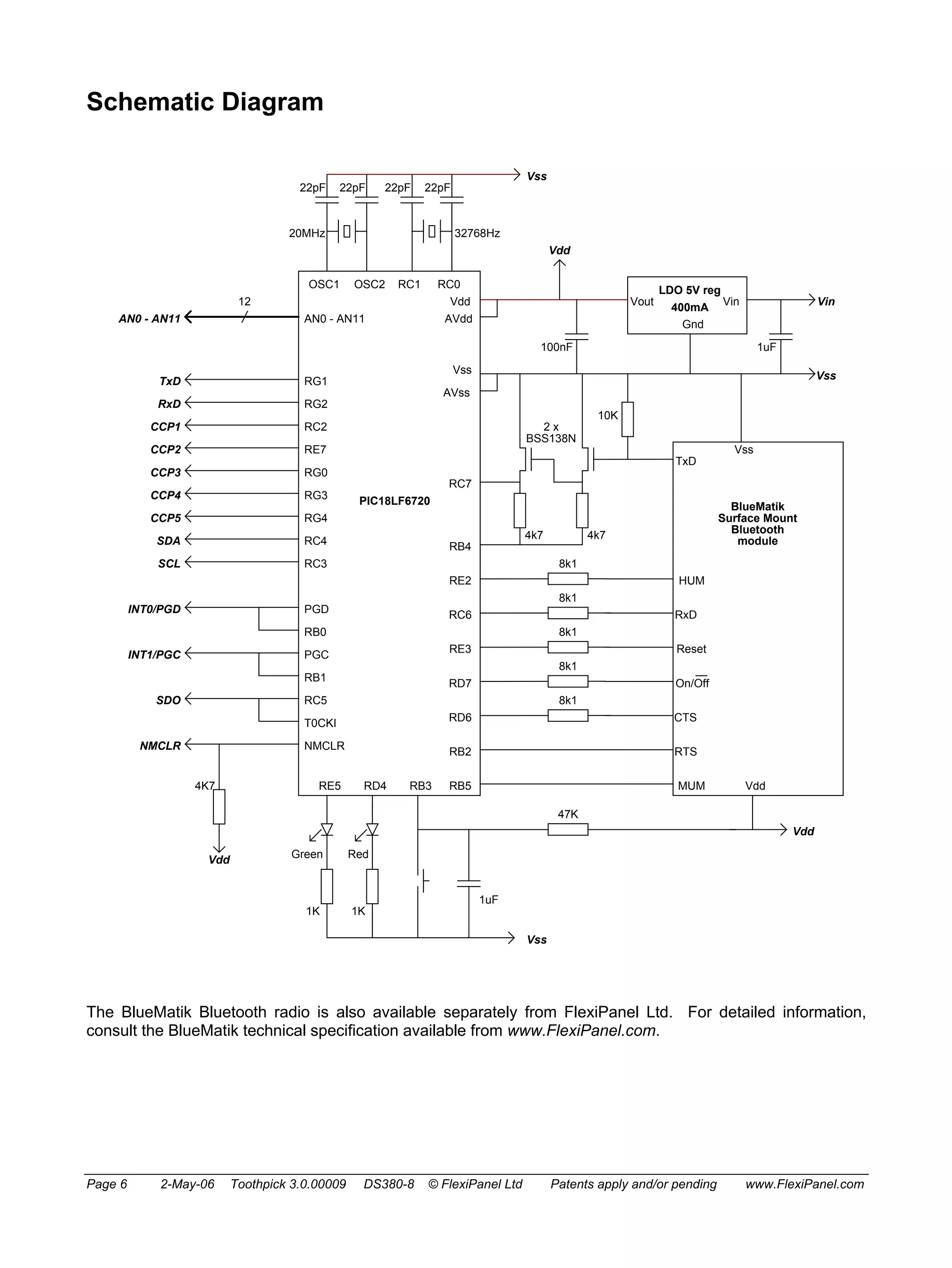 Schematic Diagram 
22pF 22pF 22pF 22pF 
20MHz 32768Hz 
OSC1 OSC2 RC1 RC0 
12 
AN0 - AN11 AN0 - AN11 
PIC18LF6720 
Vin 
TxD RG1 
RxD RG2 
CCP1 RC2 
CCP2 RE7 
CCP3 RG0 
CCP4 RG3 
CCP5 RG4 
SDA RC4 
SCL RC3 
INT0/PGD PGD 
RB0 
INT1/PGC PGC 
RB1 
RC5 
T0CKI 
NMCLR 
LDO 5V reg 
400mA 
Vout Vin 
Gnd 
Vss 
Vdd 
100nF 1uF 
Vss 
BlueMatik 
Surface Mount 
Bluetooth 
module 
Vdd 
TxD 
Vss 
Vdd 
AVdd 
Vss 
AVss 
RC7 
RB4 
10K 
2 x 
BSS138N 
4k7 4k7 
8k1 
RE2 HUM 
8k1 
RC6 RxD 
8k1 
RE3 Reset 
8k1 
RD7 On/Off 
8k1 
RD6 CTS 
RB2 RTS 
RB5 MUM 
RE5 RD4 RB3 
Green Red 
Vss 
Vdd 
4K7 
Vdd 
SDO 
NMCLR 
1K 
1K 
47K 
1uF 
The BlueMatik Bluetooth radio is also available separately from FlexiPanel Ltd. For detailed information, 
consult the BlueMatik technical specification available from www.FlexiPanel.com. 
Page 6 2-May-06 Toothpick 3.0.00009 DS380-8 © FlexiPanel Ltd Patents apply and/or pending www.FlexiPanel.com 
 