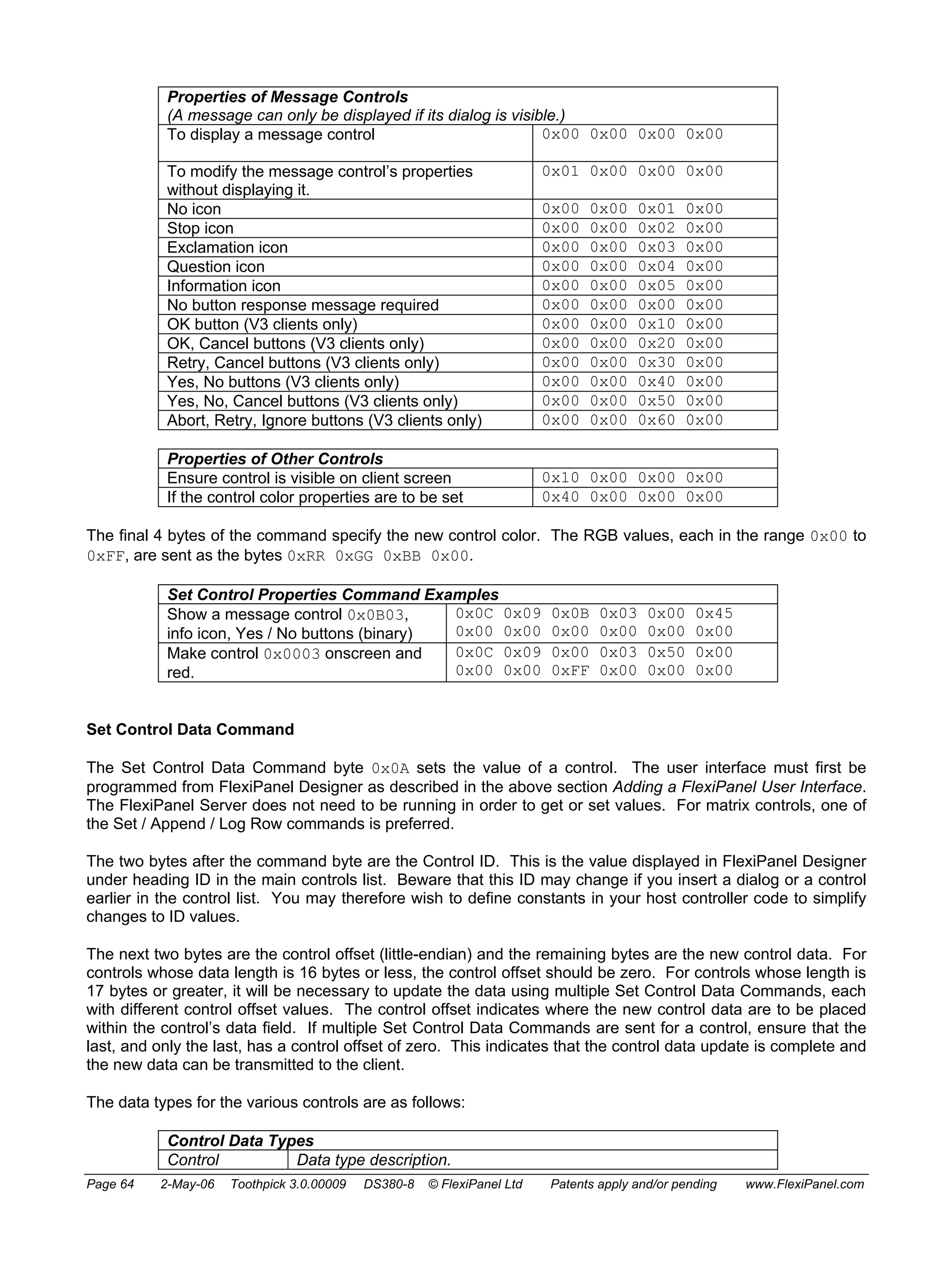 Properties of Message Controls 
(A message can only be displayed if its dialog is visible.) 
To display a message control 0x00 0x00 0x00 0x00 
To modify the message control’s properties 
0x01 0x00 0x00 0x00 
without displaying it. 
No icon 0x00 0x00 0x01 0x00 
Stop icon 0x00 0x00 0x02 0x00 
Exclamation icon 0x00 0x00 0x03 0x00 
Question icon 0x00 0x00 0x04 0x00 
Information icon 0x00 0x00 0x05 0x00 
No button response message required 0x00 0x00 0x00 0x00 
OK button (V3 clients only) 0x00 0x00 0x10 0x00 
OK, Cancel buttons (V3 clients only) 0x00 0x00 0x20 0x00 
Retry, Cancel buttons (V3 clients only) 0x00 0x00 0x30 0x00 
Yes, No buttons (V3 clients only) 0x00 0x00 0x40 0x00 
Yes, No, Cancel buttons (V3 clients only) 0x00 0x00 0x50 0x00 
Abort, Retry, Ignore buttons (V3 clients only) 0x00 0x00 0x60 0x00 
Properties of Other Controls 
Ensure control is visible on client screen 0x10 0x00 0x00 0x00 
If the control color properties are to be set 0x40 0x00 0x00 0x00 
The final 4 bytes of the command specify the new control color. The RGB values, each in the range 0x00 to 
0xFF, are sent as the bytes 0xRR 0xGG 0xBB 0x00. 
Set Control Properties Command Examples 
Show a message control 0x0B03, 
info icon, Yes / No buttons (binary) 
0x0C 0x09 0x0B 0x03 0x00 0x45 
0x00 0x00 0x00 0x00 0x00 0x00 
Make control 0x0003 onscreen and 
red. 
0x0C 0x09 0x00 0x03 0x50 0x00 
0x00 0x00 0xFF 0x00 0x00 0x00 
Set Control Data Command 
The Set Control Data Command byte 0x0A sets the value of a control. The user interface must first be 
programmed from FlexiPanel Designer as described in the above section Adding a FlexiPanel User Interface. 
The FlexiPanel Server does not need to be running in order to get or set values. For matrix controls, one of 
the Set / Append / Log Row commands is preferred. 
The two bytes after the command byte are the Control ID. This is the value displayed in FlexiPanel Designer 
under heading ID in the main controls list. Beware that this ID may change if you insert a dialog or a control 
earlier in the control list. You may therefore wish to define constants in your host controller code to simplify 
changes to ID values. 
The next two bytes are the control offset (little-endian) and the remaining bytes are the new control data. For 
controls whose data length is 16 bytes or less, the control offset should be zero. For controls whose length is 
17 bytes or greater, it will be necessary to update the data using multiple Set Control Data Commands, each 
with different control offset values. The control offset indicates where the new control data are to be placed 
within the control’s data field. If multiple Set Control Data Commands are sent for a control, ensure that the 
last, and only the last, has a control offset of zero. This indicates that the control data update is complete and 
the new data can be transmitted to the client. 
The data types for the various controls are as follows: 
Control Data Types 
Control Data type description. 
Page 64 2-May-06 Toothpick 3.0.00009 DS380-8 © FlexiPanel Ltd Patents apply and/or pending www.FlexiPanel.com 
 