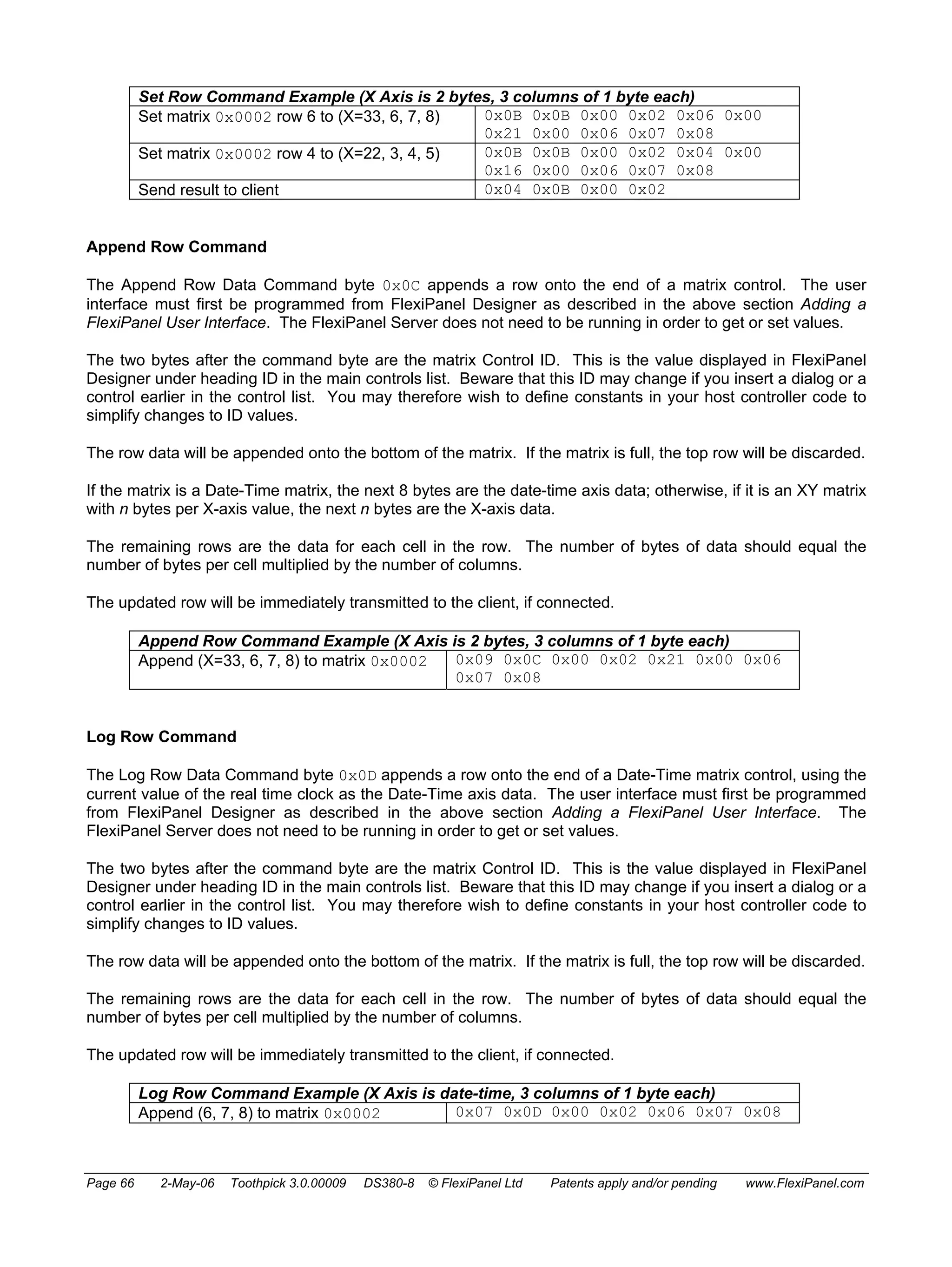 Set Row Command Example (X Axis is 2 bytes, 3 columns of 1 byte each) 
Set matrix 0x0002 row 6 to (X=33, 6, 7, 8) 0x0B 0x0B 0x00 0x02 0x06 0x00 
0x21 0x00 0x06 0x07 0x08 
Set matrix 0x0002 row 4 to (X=22, 3, 4, 5) 0x0B 0x0B 0x00 0x02 0x04 0x00 
0x16 0x00 0x06 0x07 0x08 
Send result to client 0x04 0x0B 0x00 0x02 
Append Row Command 
The Append Row Data Command byte 0x0C appends a row onto the end of a matrix control. The user 
interface must first be programmed from FlexiPanel Designer as described in the above section Adding a 
FlexiPanel User Interface. The FlexiPanel Server does not need to be running in order to get or set values. 
The two bytes after the command byte are the matrix Control ID. This is the value displayed in FlexiPanel 
Designer under heading ID in the main controls list. Beware that this ID may change if you insert a dialog or a 
control earlier in the control list. You may therefore wish to define constants in your host controller code to 
simplify changes to ID values. 
The row data will be appended onto the bottom of the matrix. If the matrix is full, the top row will be discarded. 
If the matrix is a Date-Time matrix, the next 8 bytes are the date-time axis data; otherwise, if it is an XY matrix 
with n bytes per X-axis value, the next n bytes are the X-axis data. 
The remaining rows are the data for each cell in the row. The number of bytes of data should equal the 
number of bytes per cell multiplied by the number of columns. 
The updated row will be immediately transmitted to the client, if connected. 
Append Row Command Example (X Axis is 2 bytes, 3 columns of 1 byte each) 
Append (X=33, 6, 7, 8) to matrix 0x0002 
0x09 0x0C 0x00 0x02 0x21 0x00 0x06 
0x07 0x08 
Log Row Command 
The Log Row Data Command byte 0x0D appends a row onto the end of a Date-Time matrix control, using the 
current value of the real time clock as the Date-Time axis data. The user interface must first be programmed 
from FlexiPanel Designer as described in the above section Adding a FlexiPanel User Interface. The 
FlexiPanel Server does not need to be running in order to get or set values. 
The two bytes after the command byte are the matrix Control ID. This is the value displayed in FlexiPanel 
Designer under heading ID in the main controls list. Beware that this ID may change if you insert a dialog or a 
control earlier in the control list. You may therefore wish to define constants in your host controller code to 
simplify changes to ID values. 
The row data will be appended onto the bottom of the matrix. If the matrix is full, the top row will be discarded. 
The remaining rows are the data for each cell in the row. The number of bytes of data should equal the 
number of bytes per cell multiplied by the number of columns. 
The updated row will be immediately transmitted to the client, if connected. 
Log Row Command Example (X Axis is date-time, 3 columns of 1 byte each) 
Append (6, 7, 8) to matrix 0x0002 0x07 0x0D 0x00 0x02 0x06 0x07 0x08 
Page 66 2-May-06 Toothpick 3.0.00009 DS380-8 © FlexiPanel Ltd Patents apply and/or pending www.FlexiPanel.com 
 