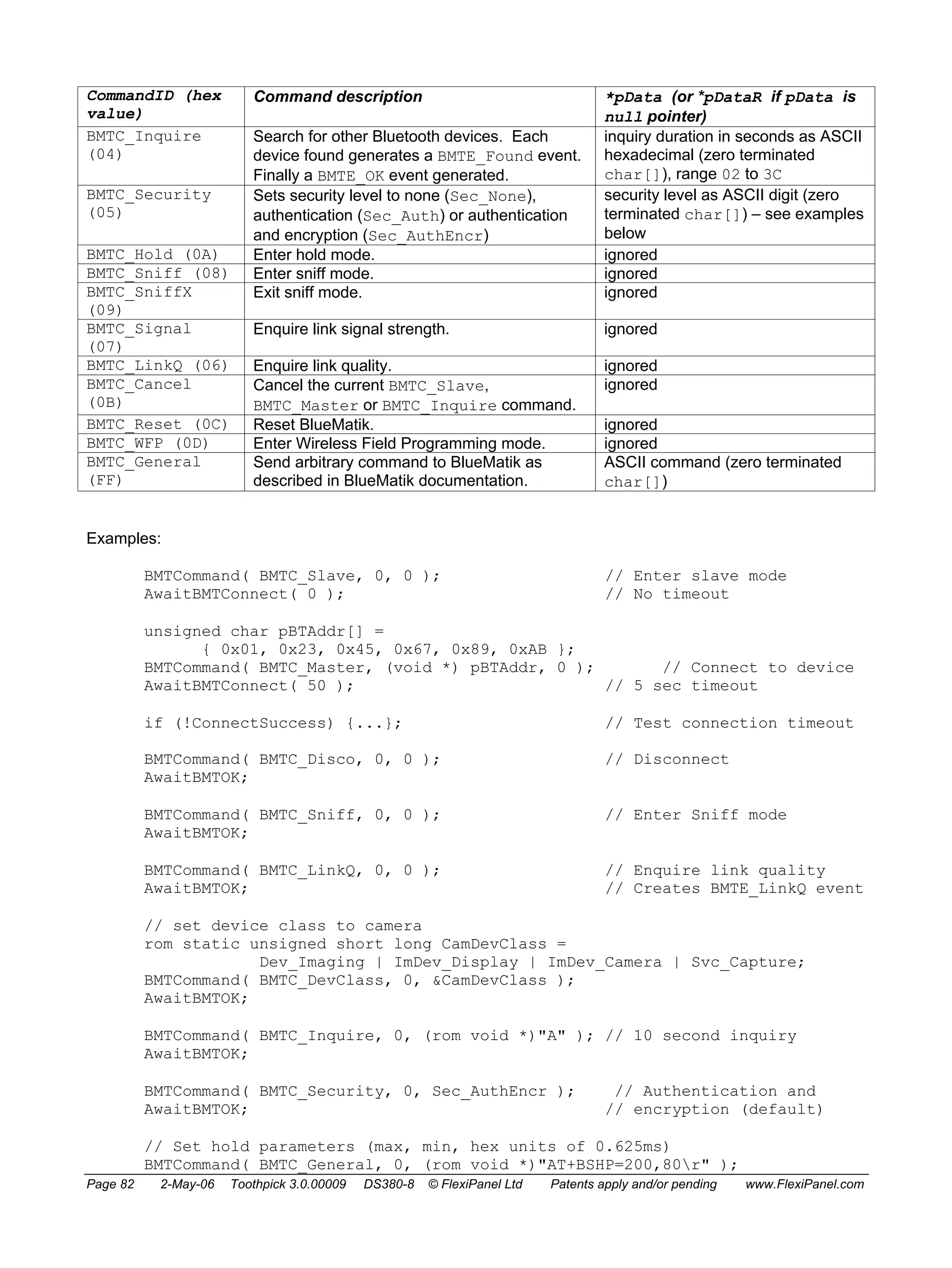 CommandID (hex 
value) 
Command description *pData (or *pDataR if pData is 
null pointer) 
BMTC_Inquire 
(04) 
Search for other Bluetooth devices. Each 
device found generates a BMTE_Found event. 
Finally a BMTE_OK event generated. 
inquiry duration in seconds as ASCII 
hexadecimal (zero terminated 
char[]), range 02 to 3C 
BMTC_Security 
(05) 
Sets security level to none (Sec_None), 
authentication (Sec_Auth) or authentication 
and encryption (Sec_AuthEncr) 
security level as ASCII digit (zero 
terminated char[]) – see examples 
below 
BMTC_Hold (0A) Enter hold mode. ignored 
BMTC_Sniff (08) Enter sniff mode. ignored 
BMTC_SniffX 
Exit sniff mode. ignored 
(09) 
BMTC_Signal 
(07) 
Enquire link signal strength. ignored 
BMTC_LinkQ (06) Enquire link quality. ignored 
BMTC_Cancel 
(0B) 
Cancel the current BMTC_Slave, 
BMTC_Master or BMTC_Inquire command. 
ignored 
BMTC_Reset (0C) Reset BlueMatik. ignored 
BMTC_WFP (0D) Enter Wireless Field Programming mode. ignored 
BMTC_General 
(FF) 
Send arbitrary command to BlueMatik as 
described in BlueMatik documentation. 
ASCII command (zero terminated 
char[]) 
Examples: 
BMTCommand( BMTC_Slave, 0, 0 ); // Enter slave mode 
AwaitBMTConnect( 0 ); // No timeout 
unsigned char pBTAddr[] = 
{ 0x01, 0x23, 0x45, 0x67, 0x89, 0xAB }; 
BMTCommand( BMTC_Master, (void *) pBTAddr, 0 ); // Connect to device 
AwaitBMTConnect( 50 ); // 5 sec timeout 
if (!ConnectSuccess) {...}; // Test connection timeout 
BMTCommand( BMTC_Disco, 0, 0 ); // Disconnect 
AwaitBMTOK; 
BMTCommand( BMTC_Sniff, 0, 0 ); // Enter Sniff mode 
AwaitBMTOK; 
BMTCommand( BMTC_LinkQ, 0, 0 ); // Enquire link quality 
AwaitBMTOK; // Creates BMTE_LinkQ event 
// set device class to camera 
rom static unsigned short long CamDevClass = 
Dev_Imaging | ImDev_Display | ImDev_Camera | Svc_Capture; 
BMTCommand( BMTC_DevClass, 0, &CamDevClass ); 
AwaitBMTOK; 
BMTCommand( BMTC_Inquire, 0, (rom void *)"A" ); // 10 second inquiry 
AwaitBMTOK; 
BMTCommand( BMTC_Security, 0, Sec_AuthEncr ); // Authentication and 
AwaitBMTOK; // encryption (default) 
// Set hold parameters (max, min, hex units of 0.625ms) 
BMTCommand( BMTC_General, 0, (rom void *)"AT+BSHP=200,80r" ); 
Page 82 2-May-06 Toothpick 3.0.00009 DS380-8 © FlexiPanel Ltd Patents apply and/or pending www.FlexiPanel.com 
 