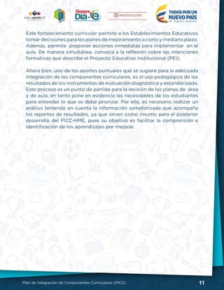 11Plan de Integración de Componentes Curriculares (PICC)
Este fortalecimiento curricular permite a los Establecimientos Educativos
tomar decisiones para los planes de mejoramiento a corto y mediano plazo.
Además, permite proponer acciones inmediatas para implementar en el
aula. De manera simultánea, convoca a la reflexión sobre las intenciones
formativas que describe el Proyecto Educativo Institucional (PEI).
Ahora bien, uno de los aportes puntuales que se sugiere para la adecuada
integración de los componentes curriculares, es el uso pedagógico de los
resultados de los instrumentos de evaluación diagnóstica y estandarizada.
Este proceso es un punto de partida para la revisión de los planes de área
y de aula, en tanto pone en evidencia las necesidades de los estudiantes
para entender lo que se debe priorizar. Por ello, es necesario realizar un
análisis teniendo en cuenta la información semaforizada que acompaña
los reportes de resultados, ya que sirven como insumo para el posterior
desarrollo del PICC-HME, pues su objetivo es facilitar la comprensión e
identificación de los aprendizajes por mejorar.
 