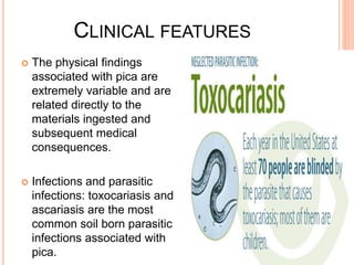 CLINICAL FEATURES
 The physical findings
associated with pica are
extremely variable and are
related directly to the
materials ingested and
subsequent medical
consequences.
 Infections and parasitic
infections: toxocariasis and
ascariasis are the most
common soil born parasitic
infections associated with
pica.
 
