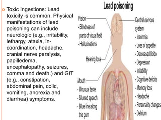  Toxic Ingestions: Lead
toxicity is common. Physical
manifestations of lead
poisoning can include
neurologic (e.g., irritability,
lethargy, ataxia, in-
coordination, headache,
cranial nerve paralysis,
papilledema,
encephalopathy, seizures,
comma and death.) and GIT
(e.g., constipation,
abdominal pain, colic,
vomiting, anorexia and
diarrhea) symptoms.
 