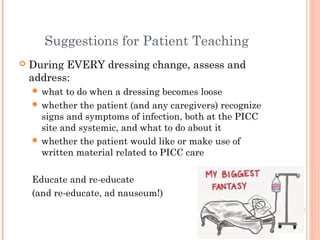 Suggestions for Patient Teaching 
 During EVERY dressing change, assess and 
address: 
 what to do when a dressing becomes loose 
 whether the patient (and any caregivers) recognize 
signs and symptoms of infection, both at the PICC 
site and systemic, and what to do about it 
 whether the patient would like or make use of 
written material related to PICC care 
Educate and re-educate 
(and re-educate, ad nauseum!) 
 