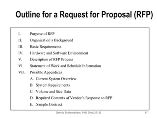 Outline for a Request for Proposal (RFP)
I. Purpose of RFP
II. Organization’s Background
III. Basic Requirements
IV. Hardware and Software Environment
V. Description of RFP Process
VI. Statement of Work and Schedule Information
VII. Possible Appendices
A. Current System Overview
B. System Requirements
C. Volume and Size Data
D. Required Contents of Vendor’s Response to RFP
E. Sample Contract
17
Dereje Teklemariam, PhD [Feb.2018]
 