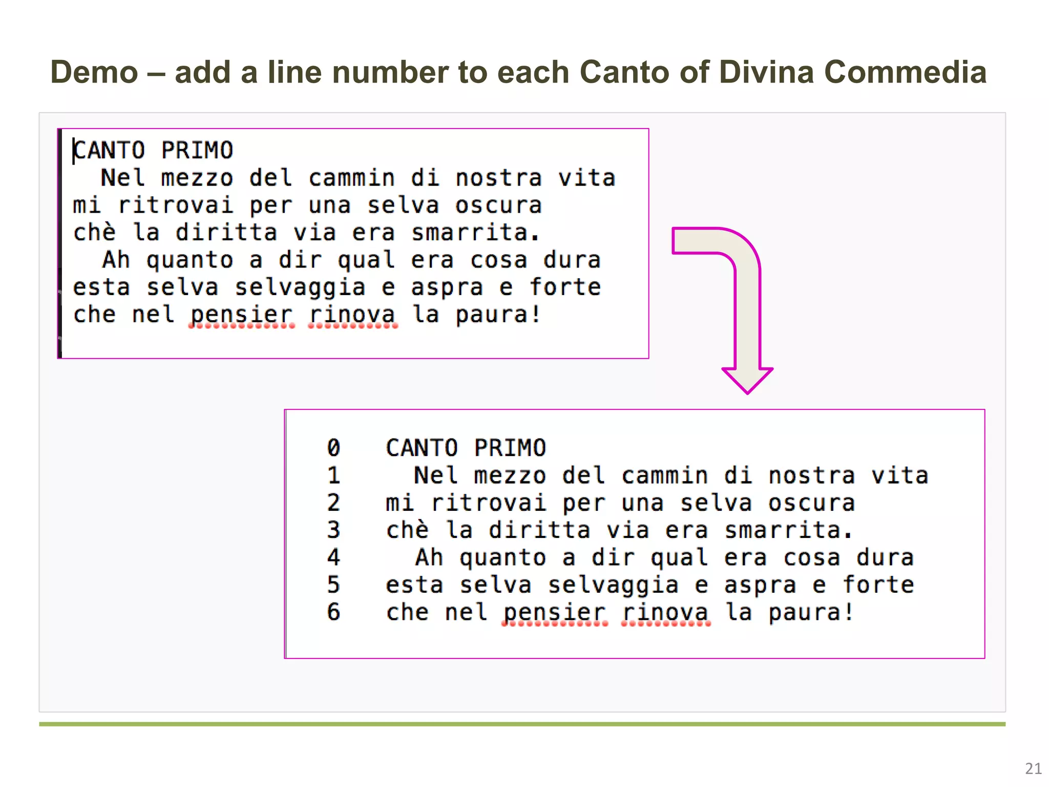21 Demo – add a line number to each Canto of Divina Commedia 
