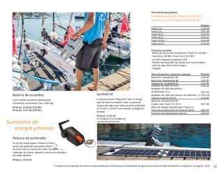 * La potencia de propulsión de nuestros motores eléctricos Travel equivale a fuerabordas de gasolina con estos CV. Más información al respecto en las páginas 12/13. 31
Información para pedidos
Fueraborda avanzado Travel 5.3/ 10.3(C)
(Travel 5.3: 1,5 CV, Travel 10.3 (C): 3 CV)*
Nºdeart.
Travel 5.3 S 2140-00
Travel 5.3 L 2141-00
Travel 10.3 S 2142-00
Travel 10.3 L 2143-00
Travel 10.3 CS 2149-00
Travel 10.3 CL 2150-00
Productos incluidos:
·Batería de litio de alto rendimiento (Travel 5.3: 320 Wh/
Travel 10.3: 530 Wh / Travel 10.3 C: 915 Wh)
con GPS integrado y adaptador USB
·Pantalla del ordenador de a bordo en el mando popero
·Llave de seguridad hombre alagua
·Cargador
Otros accesorios y piezas de repuesto Nºdeart.
Batería de recambio915 Wh 2148-00
Batería de recambio530 Wh 2147-00
Cargador de recambio90 W 2133-00
2920-00
Alargador del cable de motor
Alargador del cable parapalanca
de acelerador 1,5m 2921-00
Alargador del cable para palanca de acelerador 5 m 2922-00
Cable de carga de 12/24 V 2128-00
Hélice de recambiov9/p790
(2 palas, para Travel 5.3 / 10.3) 2917-00
Hélice de recambio v8/p350 (para Travel 5.3
hasta año de fabricación de finales de 2014) 2901-00
Extensión del mando popero (60 cm) 2919-00
Suministro de
energía y manejo
Palanca de acelerador
En vez del mando popero, maneje su Travel c
palanca de acelerador que puede colocar a
de entre 1,50 m y 5 metros del motor. Con pantalla de
ordenador de a bordo, regulador continuo de velocidad y
dos cables dedatos.
Nºde art. 2918-00
(
car
onuna
unadistancia
Sunfold 50
La solución sencilla “Plug & Play” para la recarga
solar de todos los modelos Travel: un panel de
recarga solar ligero que capta una gran cantidad de
la luz solar y, cuando no se necesita, se pliega con
facilidad.
Nºde art. 2132-00
En la página 25 se recogen las
acterísticas técnicas)
Batería de recambio
Lleve a bordo una batería adicional para
incrementar la autonomía. Peso: ¡solo 6 kg!
Nº de art. 2148-00 (915 Wh)
Nºde art. 2147-00 (530 Wh)
 