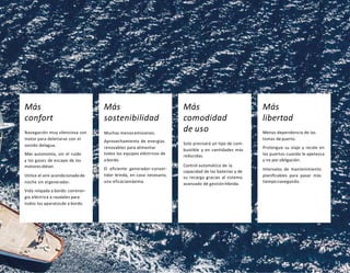 63
Más
confort
Navegación muy silenciosa con
motor para deleitarse con el
sonido delagua.
Más autonomía, sin el ruido
y los gases de escape de los
motores diésel.
Utilice el aire acondicionadode
noche sin elgenerador.
Vida relajada a bordo: conener-
gía eléctrica a raudales para
todos los aparatosde a bordo.
Más
sostenibilidad
Muchas menos emisiones.
Aprovechamiento de energías
renovables para alimentar
todos los equipos eléctricos de
a bordo.
El eficiente generador-conver-
tidor brinda, en caso necesario,
una eficaciamáxima.
Más
comodidad
de uso
Solo precisará un tipo de com-
bustible y en cantidades más
reducidas.
Control automático de la
capacidad de las baterías y de
su recarga gracias al sistema
avanzado de gestión híbrida.
Más
libertad
Menos dependencia de las
tomas de puerto.
Prolongue su viaje y recale en
los puertos cuando le apetezca
y no por obligación.
Intervalos de mantenimiento
planificables para pasar más
tiempo navegando.
 