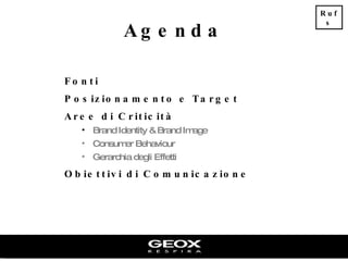 Agenda Fonti Posizionamento e Target Aree di Criticità Brand Identity & Brand Image Consumer Behaviour Gerarchia degli Effetti Obiettivi di Comunicazione Rufs 