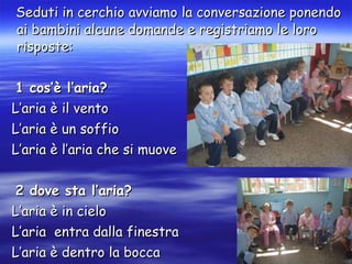 Seduti in cerchio avviamo la conversazione ponendo ai bambini alcune domande e registriamo le loro risposte: 1 cos’è l’aria? L’aria è il vento L’aria è un soffio L’aria è l’aria che si muove 2 dove sta l’aria? L’aria è in cielo L’aria  entra dalla finestra L’aria è dentro la bocca L’aria è dappertutto ma non si vede  