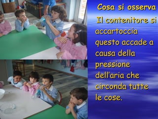 Cosa si osserva Il contenitore si accartoccia questo accade a causa della pressione dell’aria che circonda tutte le cose. 