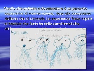 Quello che andiamo a documentare è un percorso esplorativo di ricerca-azione,  teso alla conoscenza dell’aria che ci circonda. Le esperienze fanno capire ai bambini che l’aria ha delle caratteristiche differenti a seconda delle situazioni. 