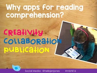 Social Media: @hellojenjones #mbhli16
Why apps for reading
comprehension?
creativity
collaboration
publication
 