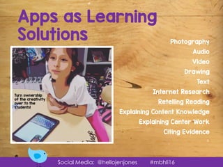 Social Media: @hellojenjones #mbhli16
Apps as Learning
Solutions Photography
Audio
Video
Drawing
Text
Internet Research
Re...