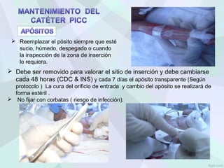  Debe ser removido para valorar el sitio de inserción y debe cambiarse
cada 48 horas (CDC & INS) y cada 7 días el apósito transparente (Según
protocolo ) La cura del orificio de entrada y cambio del apósito se realizará de
forma estéril .
 No fijar con corbatas ( riesgo de infección).
 Reemplazar el pósito siempre que esté
sucio, húmedo, despegado o cuando
la inspección de la zona de inserción
lo requiera.
 